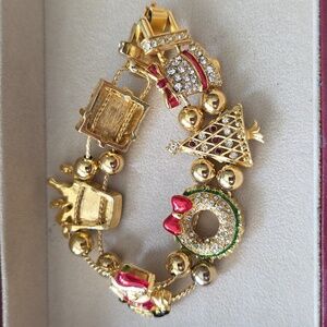 Elegant Gold & Enamel Christmas Slider Bracelet With Rhinestones Vintage